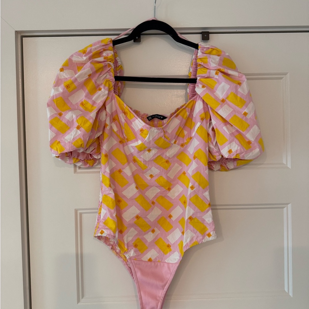 Zara Pink and Yellow Bodysuit with Geometric Print